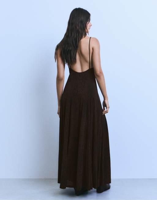 Bershka Long strappy dress in brown, 3 of 6