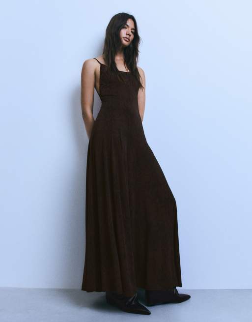 Bershka Long strappy dress in brown, 5 of 6