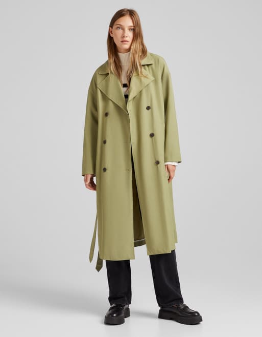 Bershka long trench coat in khaki | ASOS