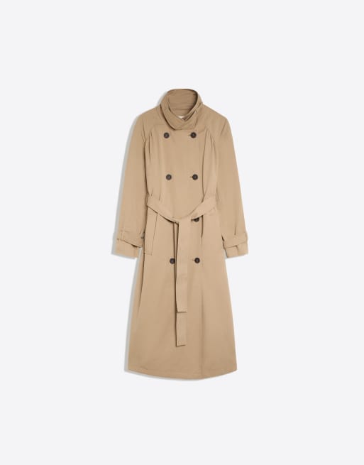 Bershka Long trench coat with gathering and belt in beige, 5 of 5
