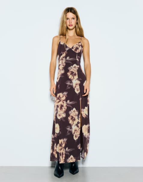 Bershka Long tulle strappy dress in black