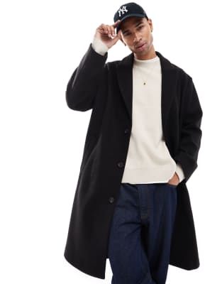 Bershka Long Wool Coat In Black