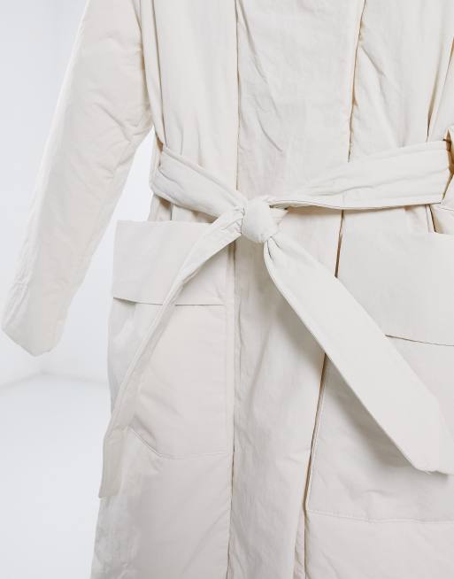 Bershka longline belted padded puffer coat in ecru