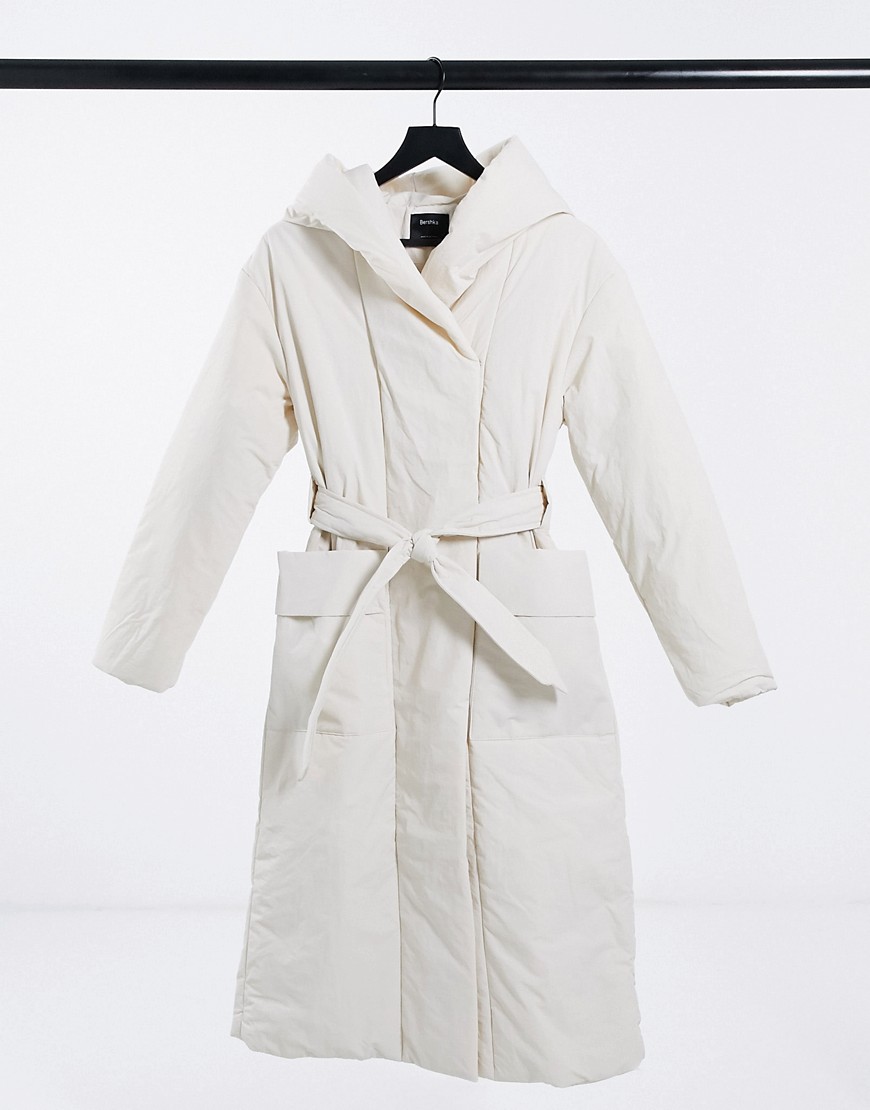 Bershka longline belted padded puffer coat in ecru-White
