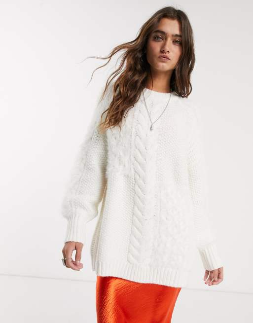 Bershka longline cable knit jumper in ecru