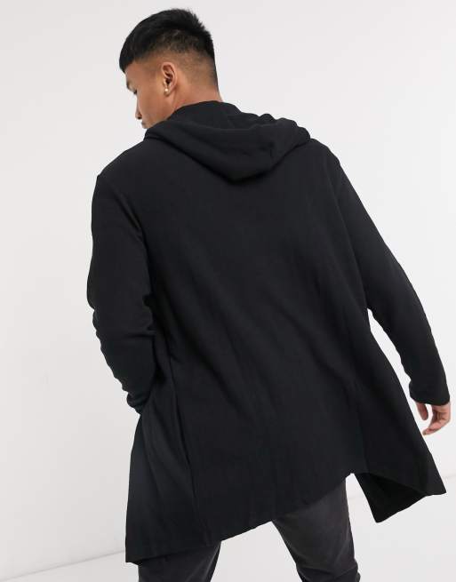 Bershka longline cardigan with hood in black