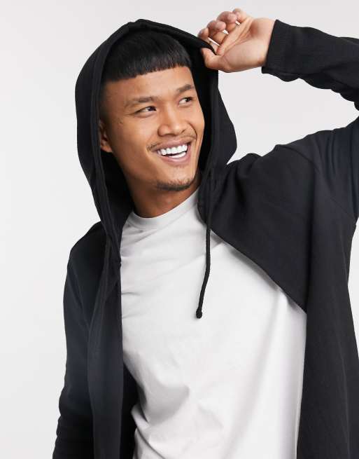 Bershka longline cardigan with hood in black