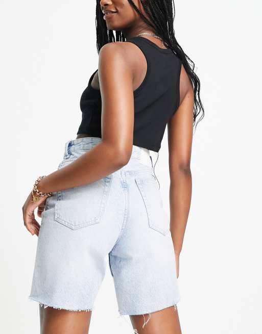 Bershka High Waisted Raw Hem Longline Denim Jorts in Light Blue