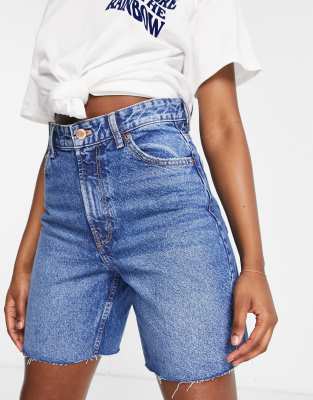 Bershka longline denim shorts in mid blue