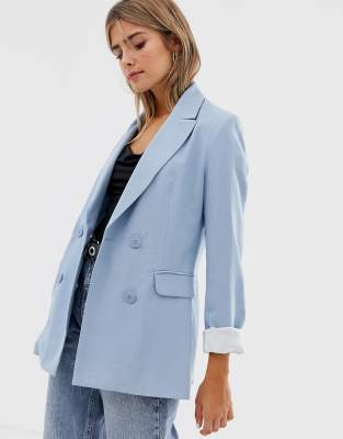 Bershka longline double breasted blazer in blue | ASOS