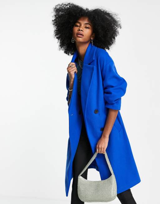 Bershka longline double breasted tailored coat in cobalt