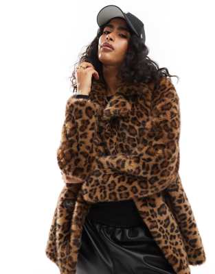 Bershka longline faux fur coat in leopard print