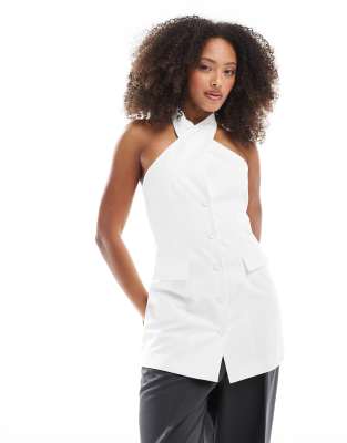 Shop Bershka Longline Halterneck Tailored Vest In Neutral
