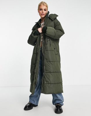 Bershka longline hoodie puffer coat in dark green  - ASOS Price Checker