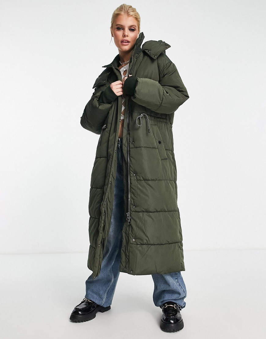 Bershka longline hoodie puffer coat in dark green