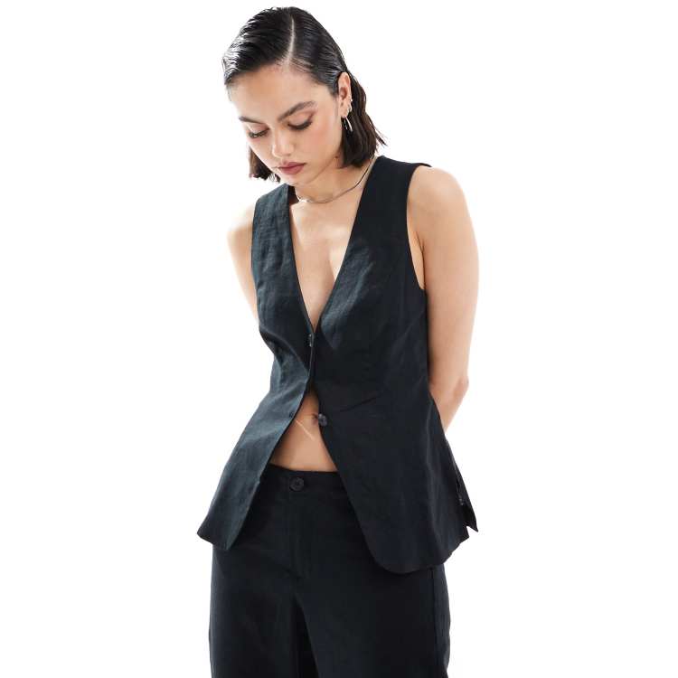 Bershka longline linen vest in black | ASOS