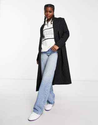 Bershka longline oversized tailored coat in black pinstripe