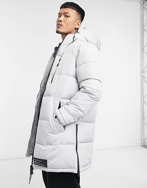 Bershka longline padded puffer jacket in grey | ASOS