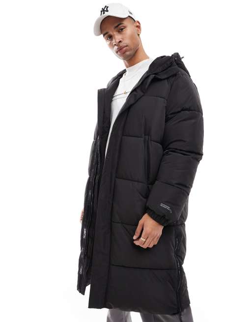 Bershka longline puffer coat with hood in black on sale