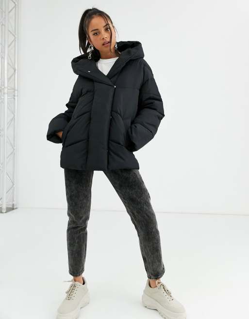 Bershka longline puffer coat with hood in black ASOS