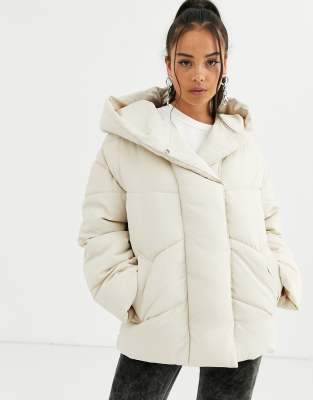 cream padded coat with fur hood