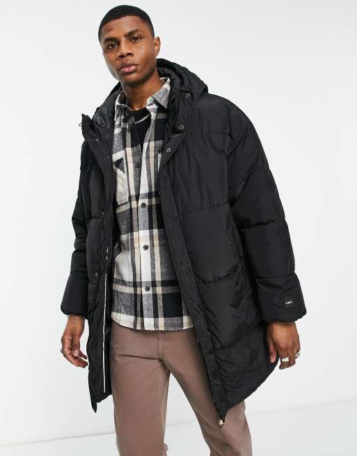 Bershka longline puffer coat with hood store in black