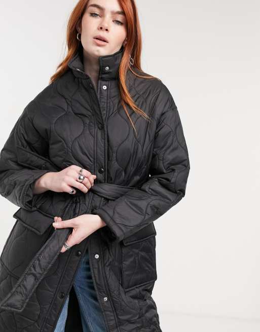 Bershka longline puffer coat 2024 with hood in black