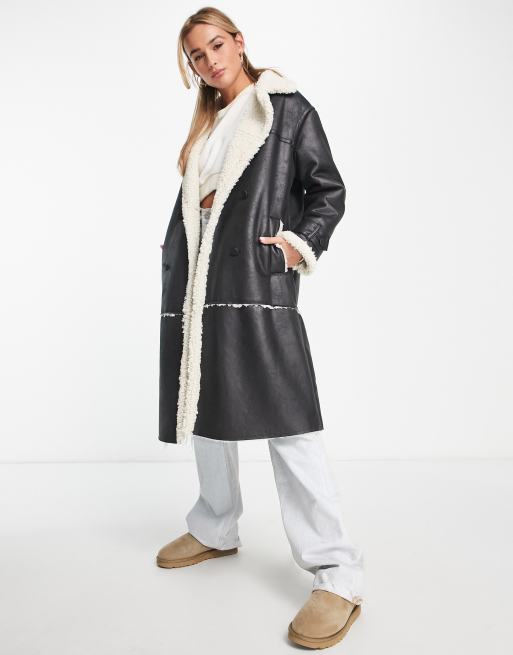 Long black cheap shearling coat