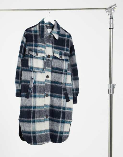 Bershka longline shirt jacket in blue plaid