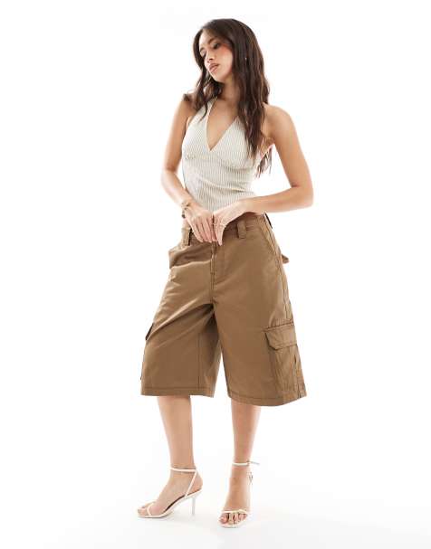 Bershka longline tailored utility shorts in camel - view 1
