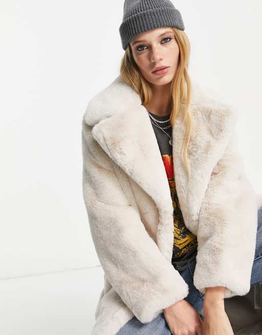 Bershka longline teddy faux fur coat in ecru