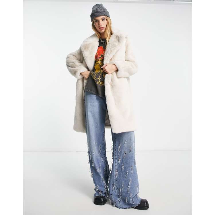 Bershka longline teddy fur coat in ecru