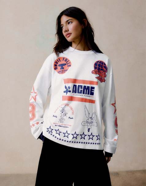 Bershka Looney tunes oversize print long sleeve t-shirt in white - view 1