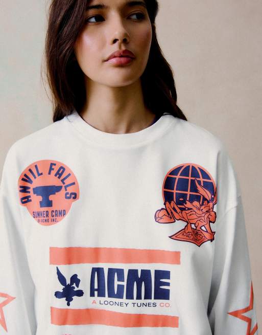 Bershka Looney Tunes T-shirt oversize a maniche lunghe con stampa bianca, 5 di 6