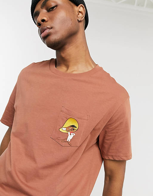 Bershka Looney Tunes t-shirt with Speedy Gonzales embroidery in brown | ASOS