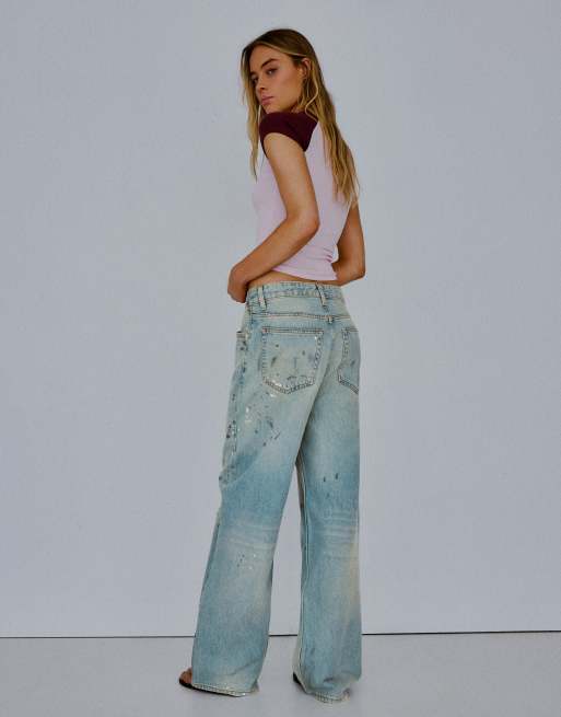 Bershka loose-fit jeans met verfeffect in middenblauw, 3 van 5