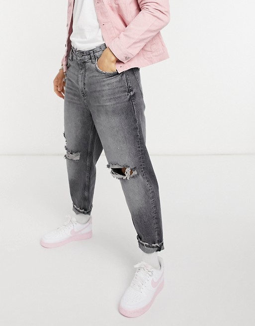 Bershka loose fit jeans with rips in grey
