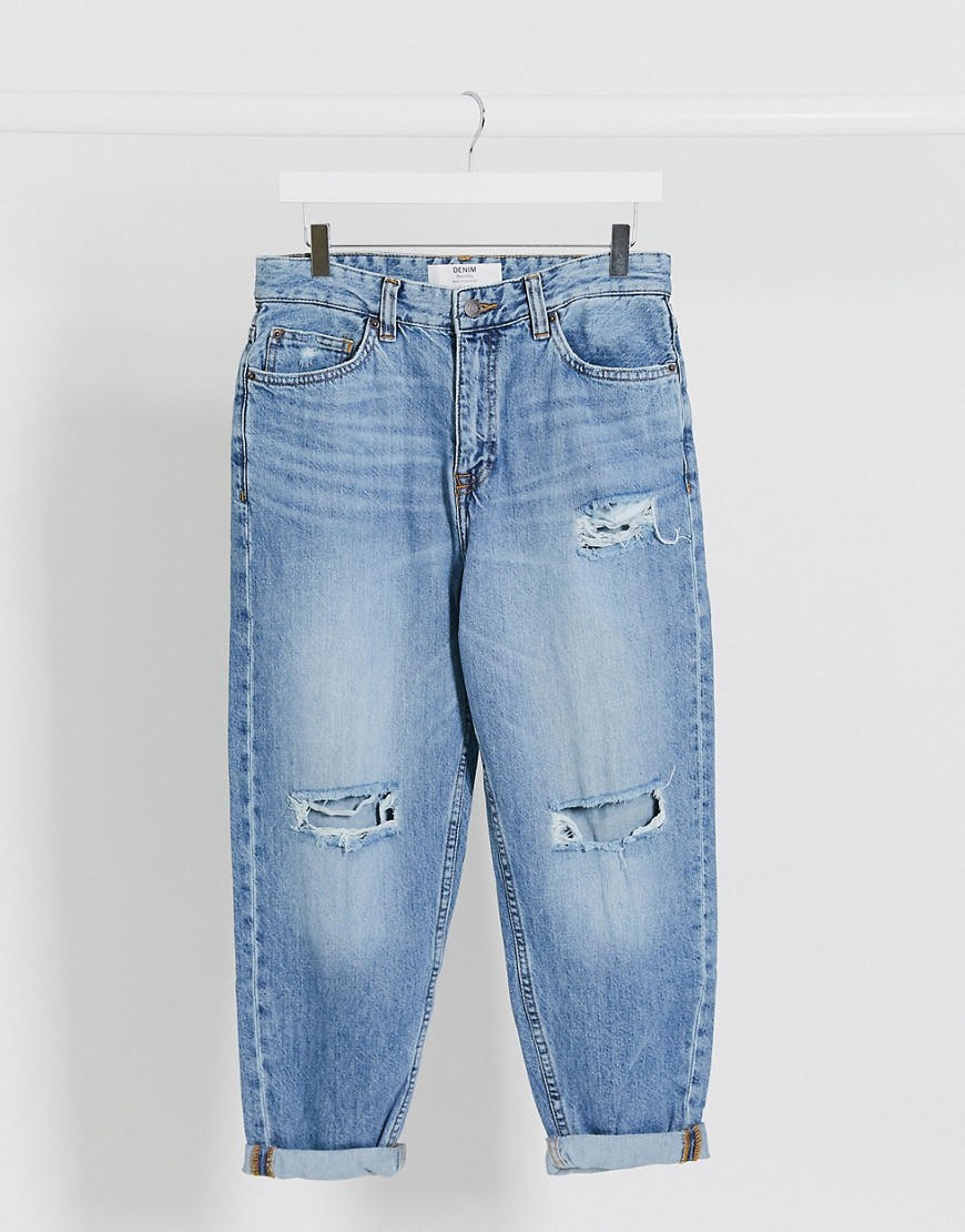 Bershka loose-fit jeans with rips in mid blue-Blues