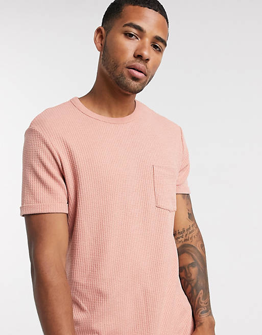 Men Bershka loose fit waffle t-shirt in pink 