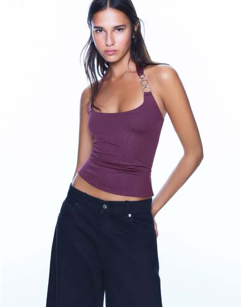 Bershka Loose-fitting top with eyelets in burgundy - view 1