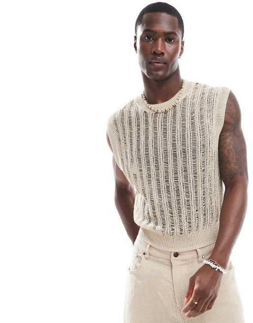 Bershka loose knit tank top in beige