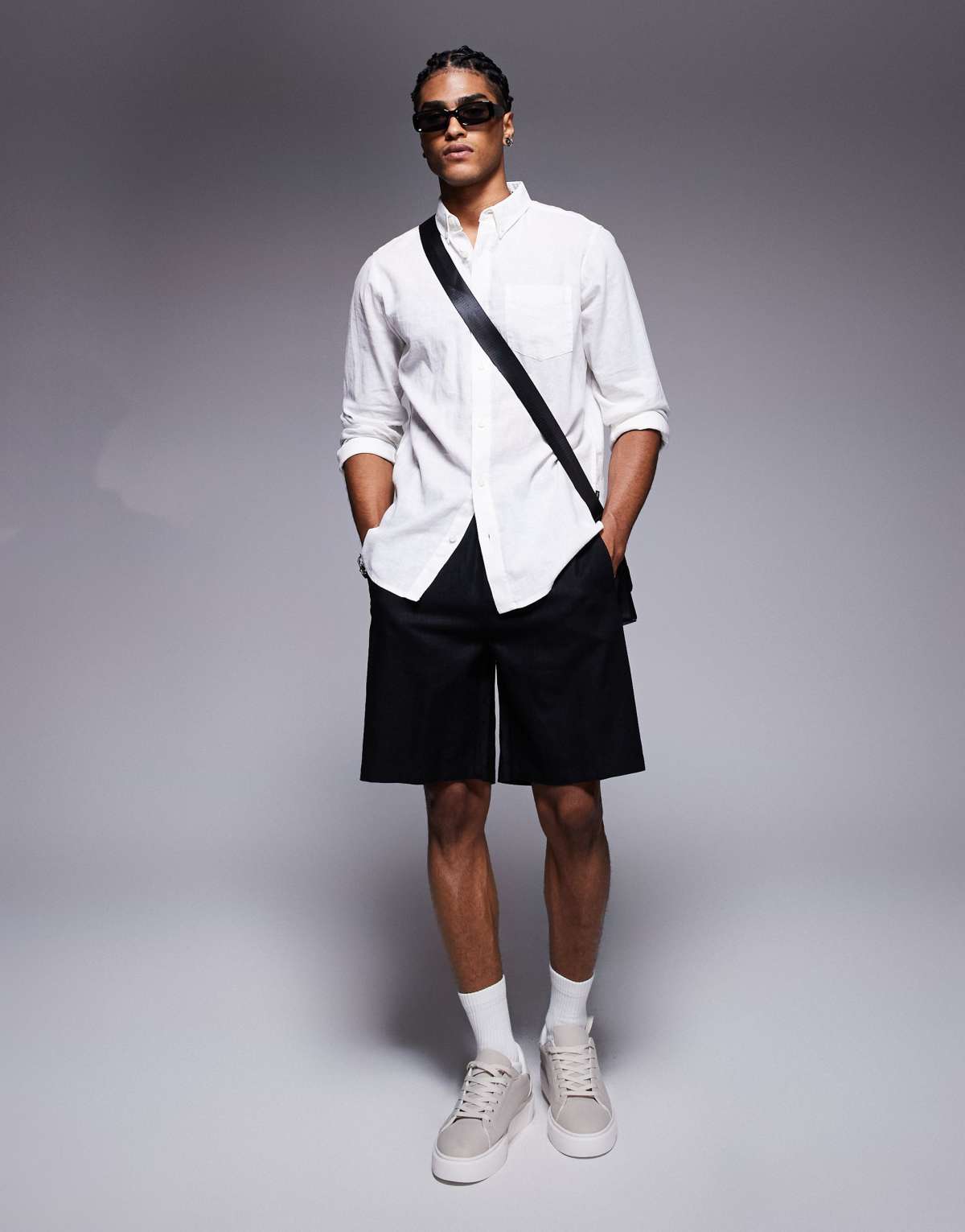Bershka loose linen blend jogger bermuda shorts in black