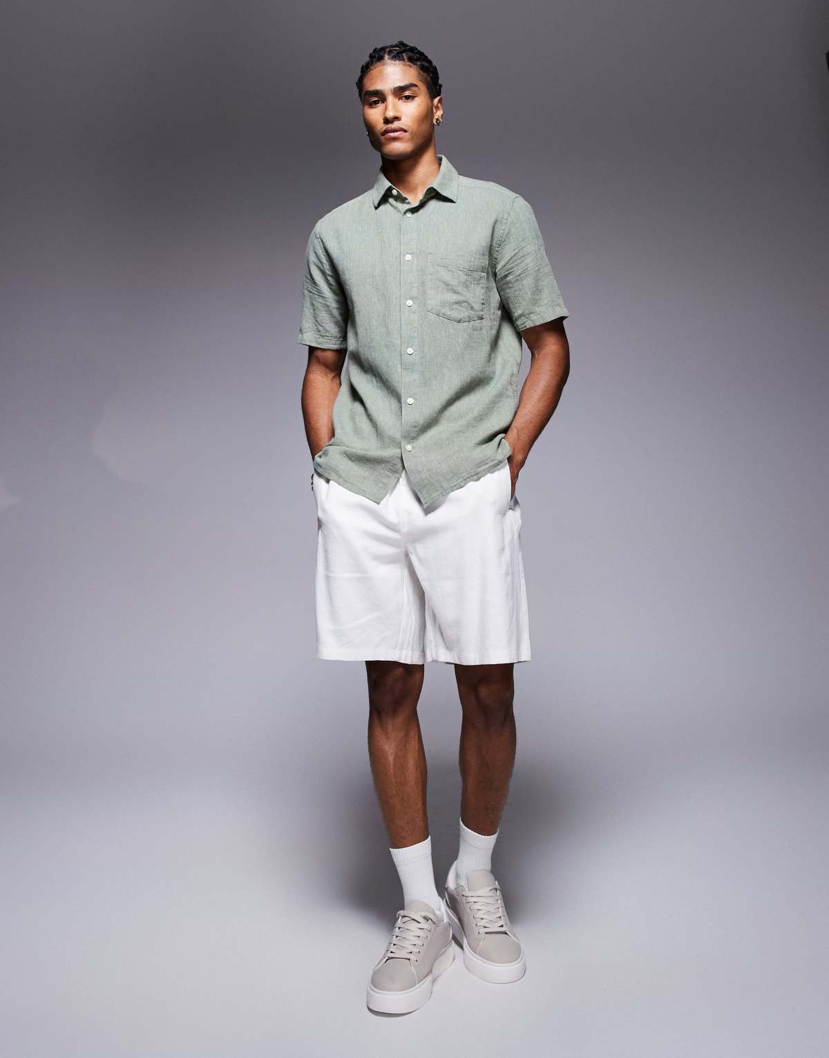 Bershka loose linen blend jogger bermuda shorts in white