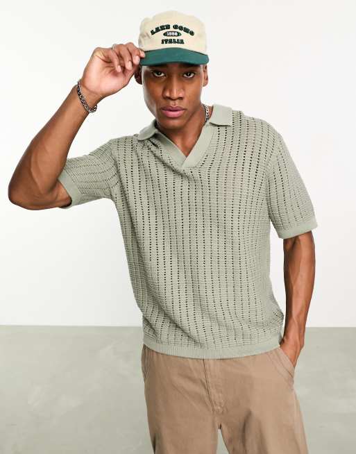 Bershka loose textured knitted polo in khaki