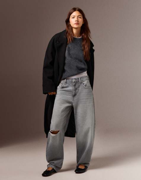 Bershka löst sittande barrel-jeans med revor i ljusgrått - view 1