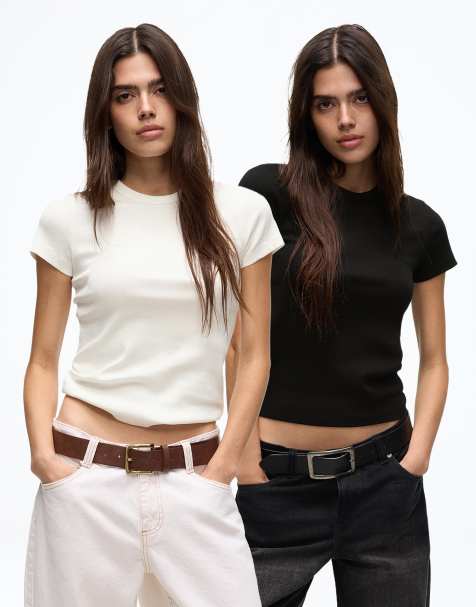 Bershka - Lot de 2 t-shirts côtelés à manches courtes - Blanc et noir - view 1