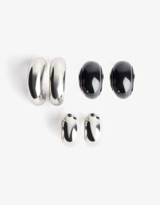 Bershka - Lot de 3 paires de boucles d'oreilles assorties - Argenté