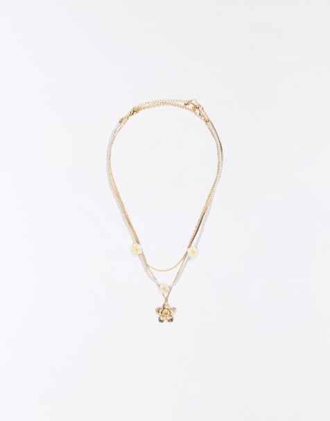 Bershka - Lot de  colliers avec fleurs - Doré - view 1