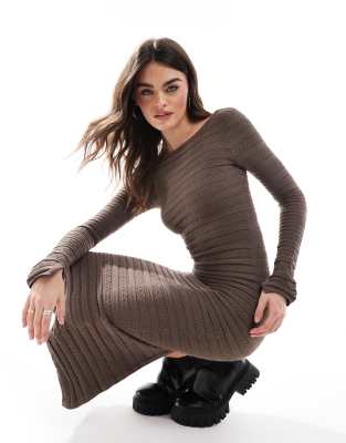 low back knitted midaxi dress in chocolate-Brown