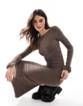 [Bershka] Bershka low back knitted midaxi dress in chocolate-Brown XS BROWN